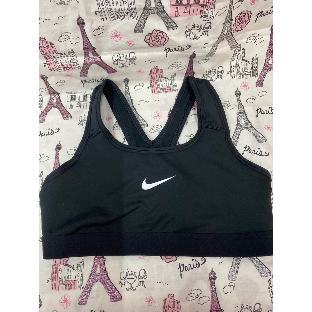 Nike Dri-FIT Sports Bra Black Racerback Medium Support Swoosh Logo Size L